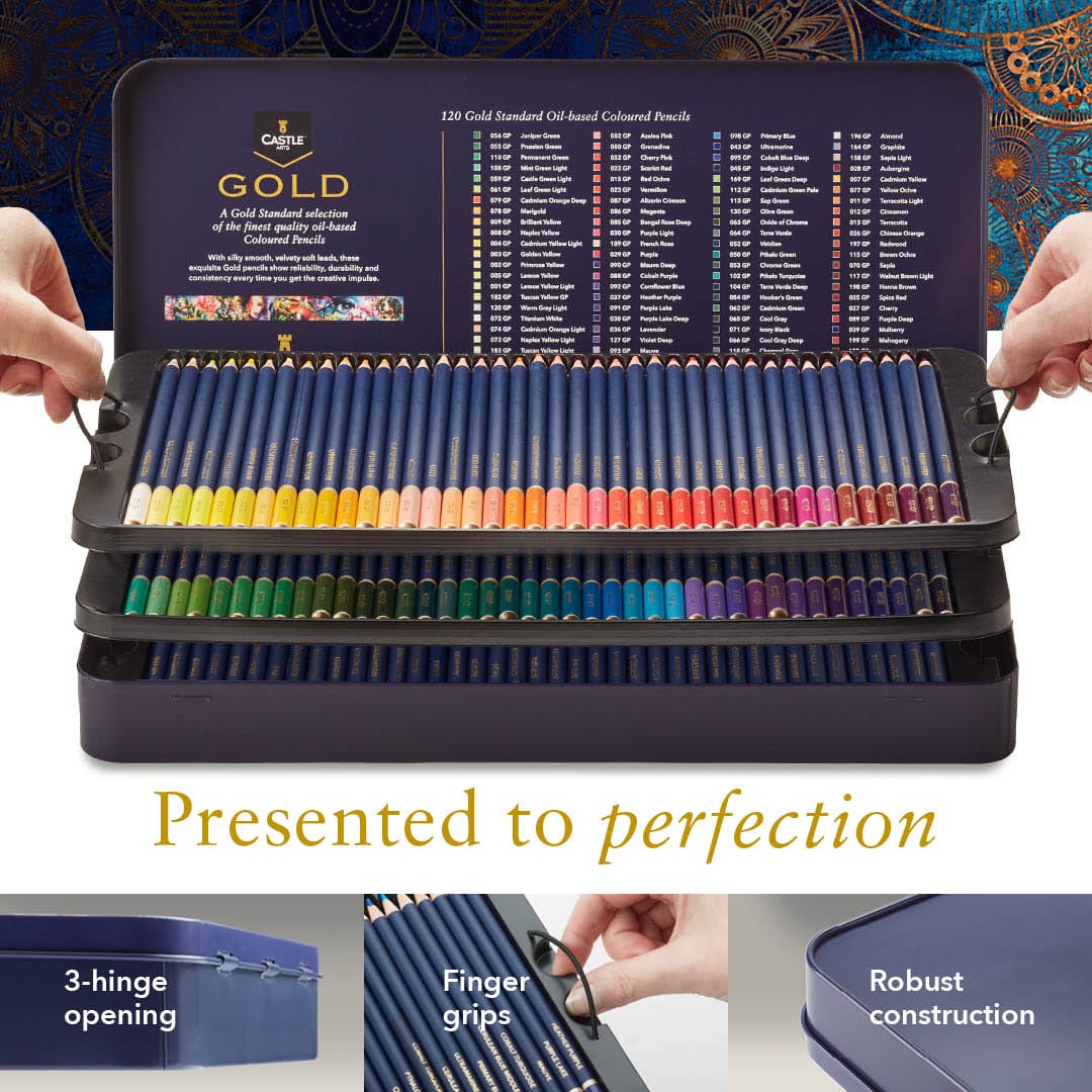 120 Piece Castle Gold Colored Pencil Set in Display Tin