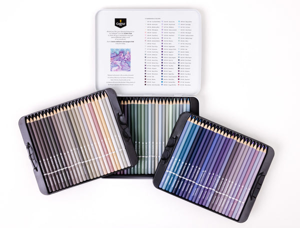 Castle Arts Harmonious Colored Pencil Tin Set, opened and laid out to reveal three removable pencil trays.” class=